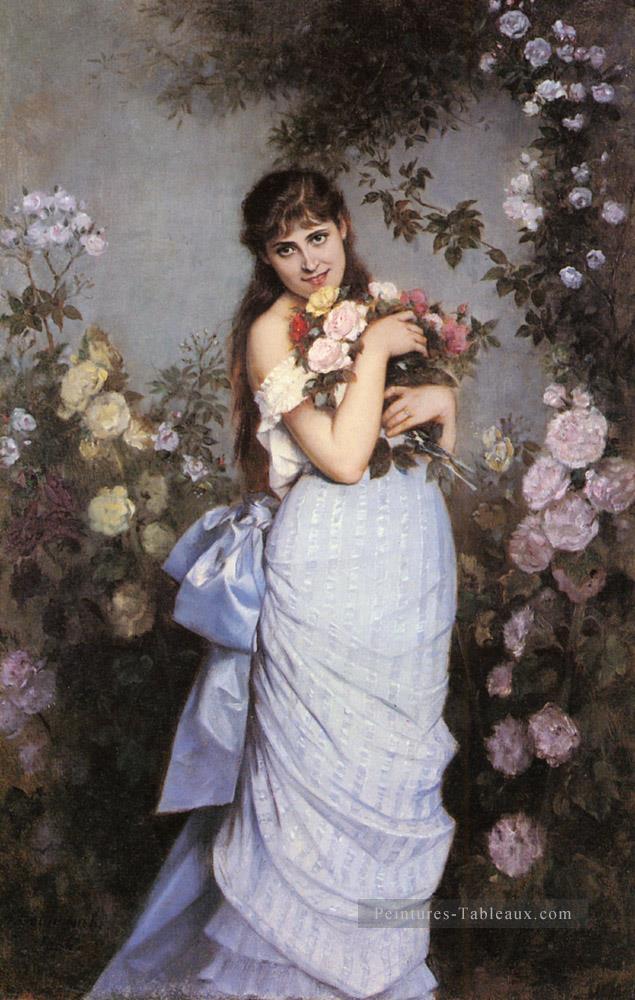Une jeune femme dans une roseraie Auguste Toulmouche Peintures à l'huile
